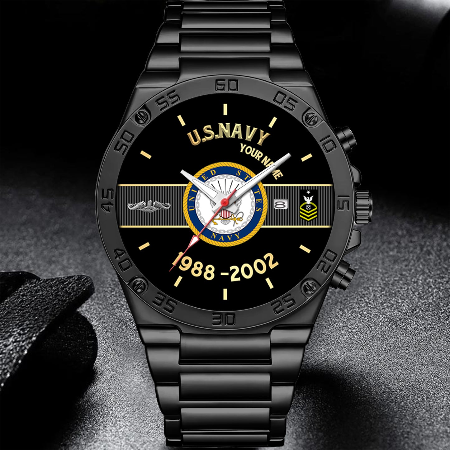 Navy Badge - Personalized US Soldier/ Veteran With Name And Rank Gentleman Stainless Steel Watch - 17388000