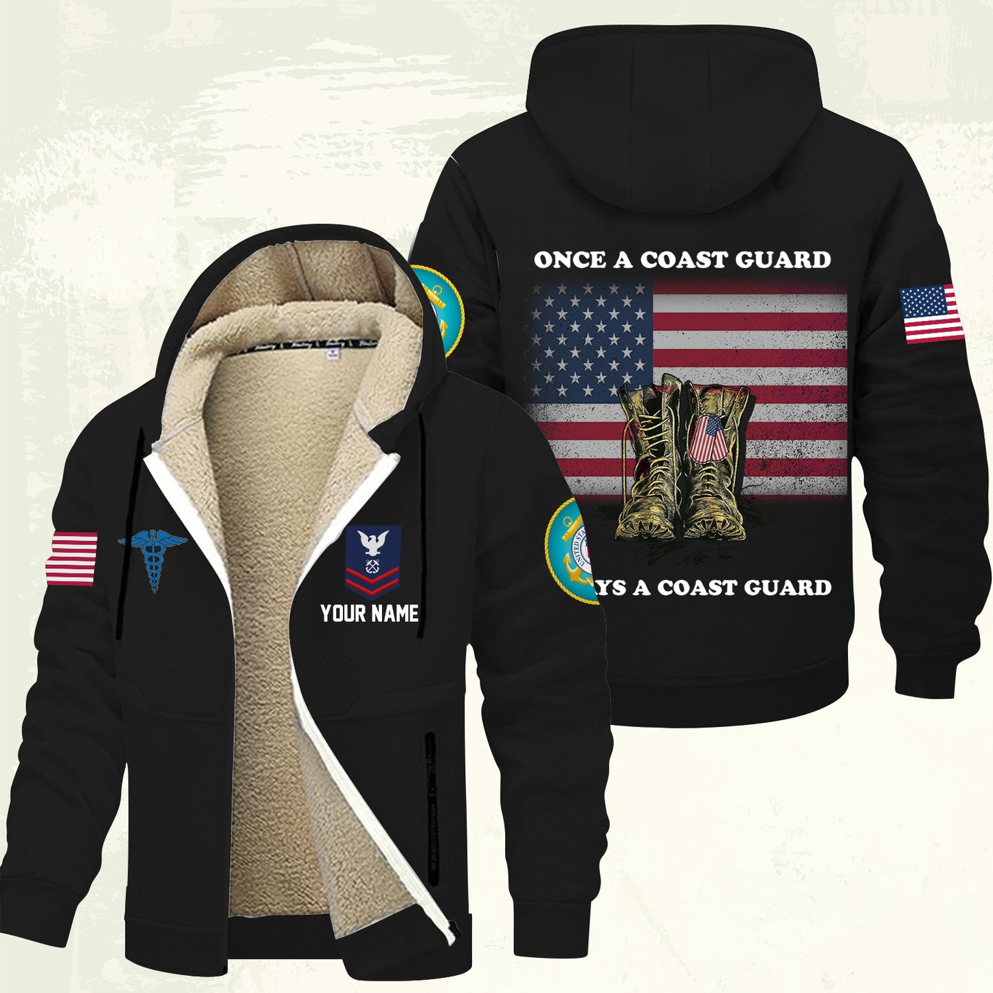 Coast Guard Rating - Personalized US Soldier/ Veteran With Name And Rank Hoodie Zip Velvet Coat - 17362944