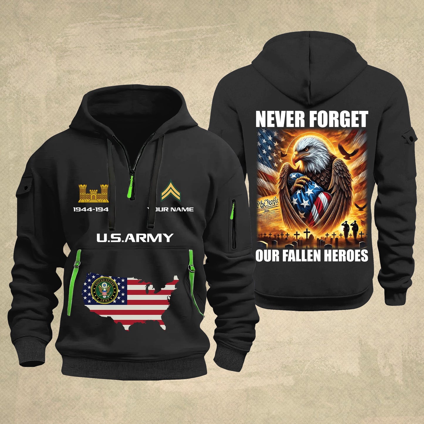Army Branch - Never Forget Our Fallen Heroes 250th USA – Personalized Zip Hoodie Multicolor, 4th of July Zip Hoodie Multicolor, Custom Military Zip Hoodie Multicolor - 17692128