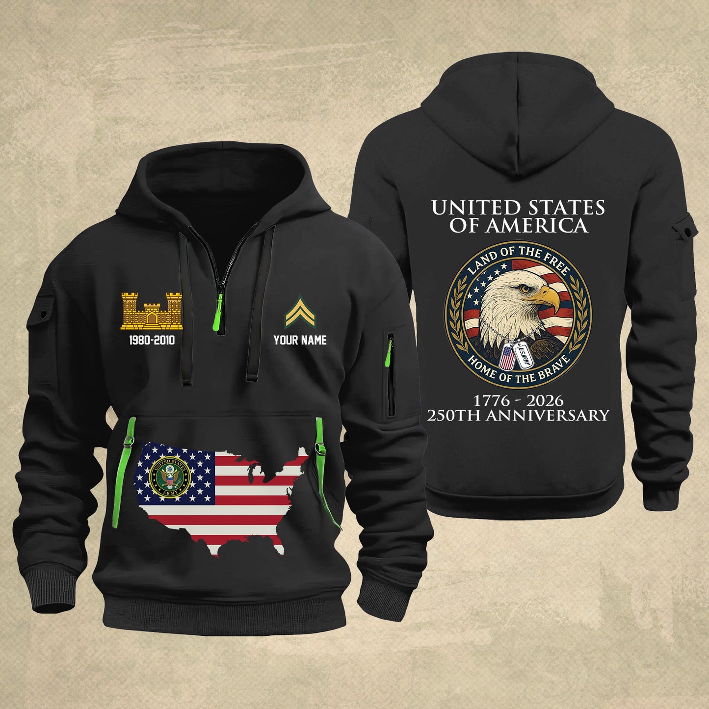 Army Branch - Personalized 250th America Anniversary Zip Hoodie Multicolor, Land Of The Free Home Of The Brave Zip Hoodie, Custom Military Branch Hoodie - 17691264