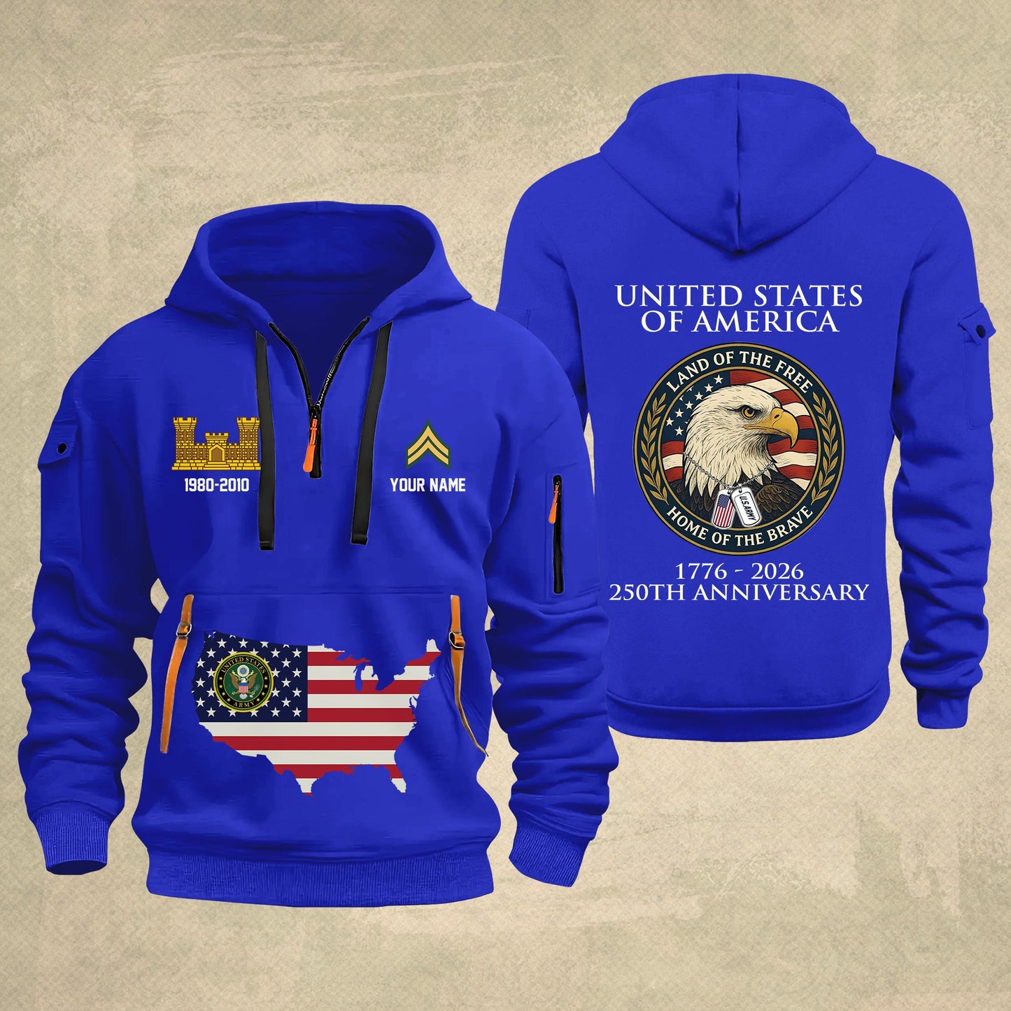 Army Branch - Personalized 250th America Anniversary Zip Hoodie Multicolor, Land Of The Free Home Of The Brave Zip Hoodie, Custom Military Branch Hoodie - 17691264