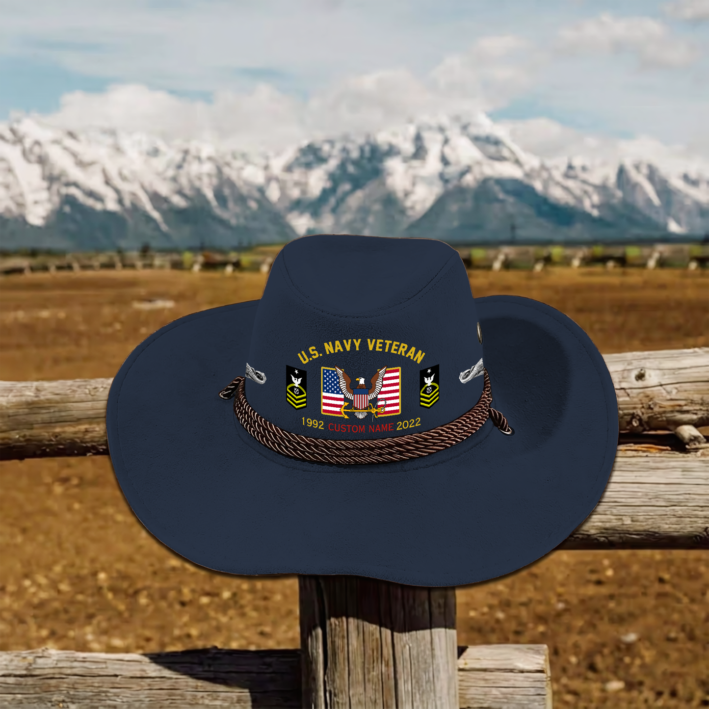 Navy Badge - Personalized US Soldier/ Veteran With Rank, Name and Year Cowboy Hat - 1775606402