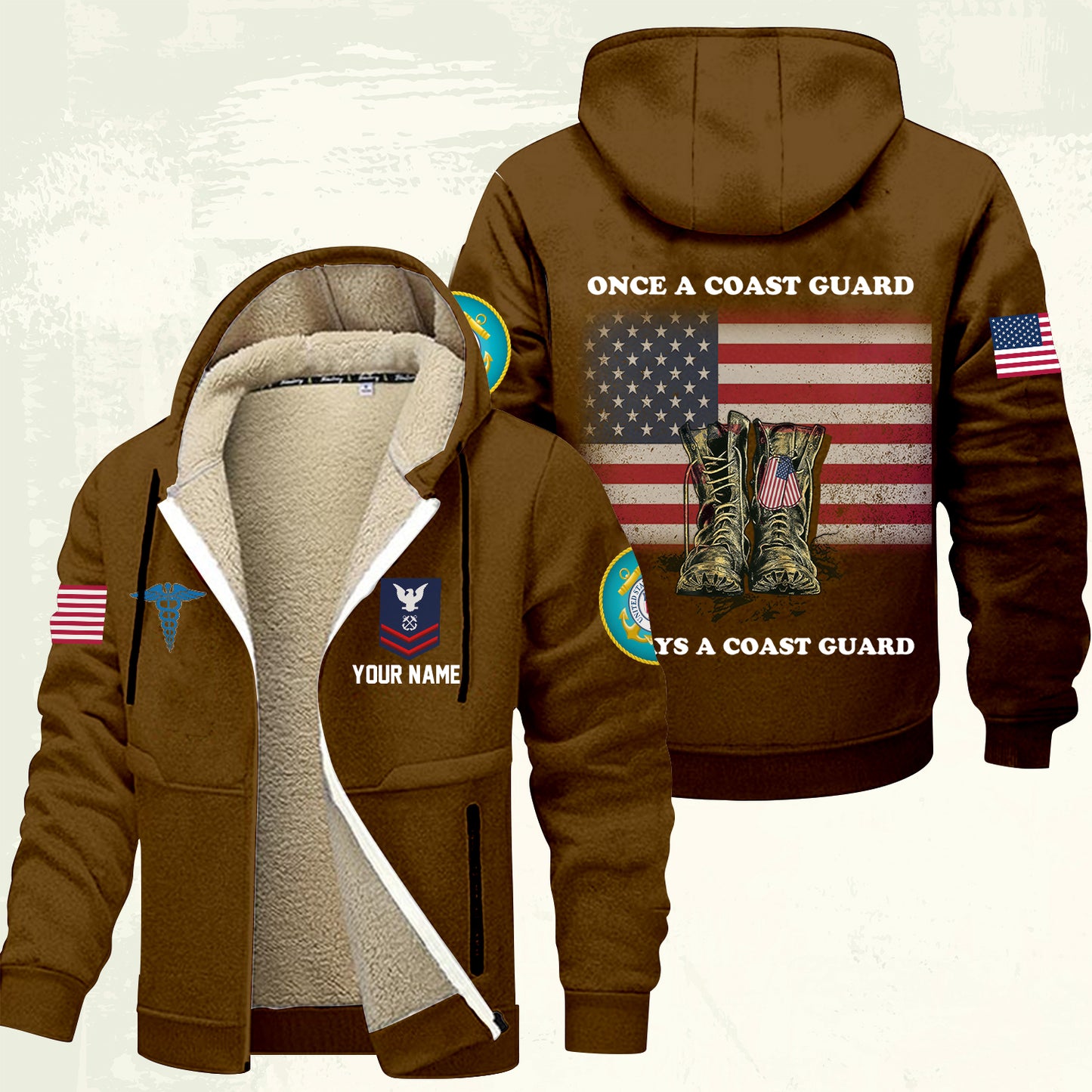 Coast Guard Rating - Personalized US Soldier/ Veteran With Name And Rank Hoodie Zip Velvet Coat - 17362944