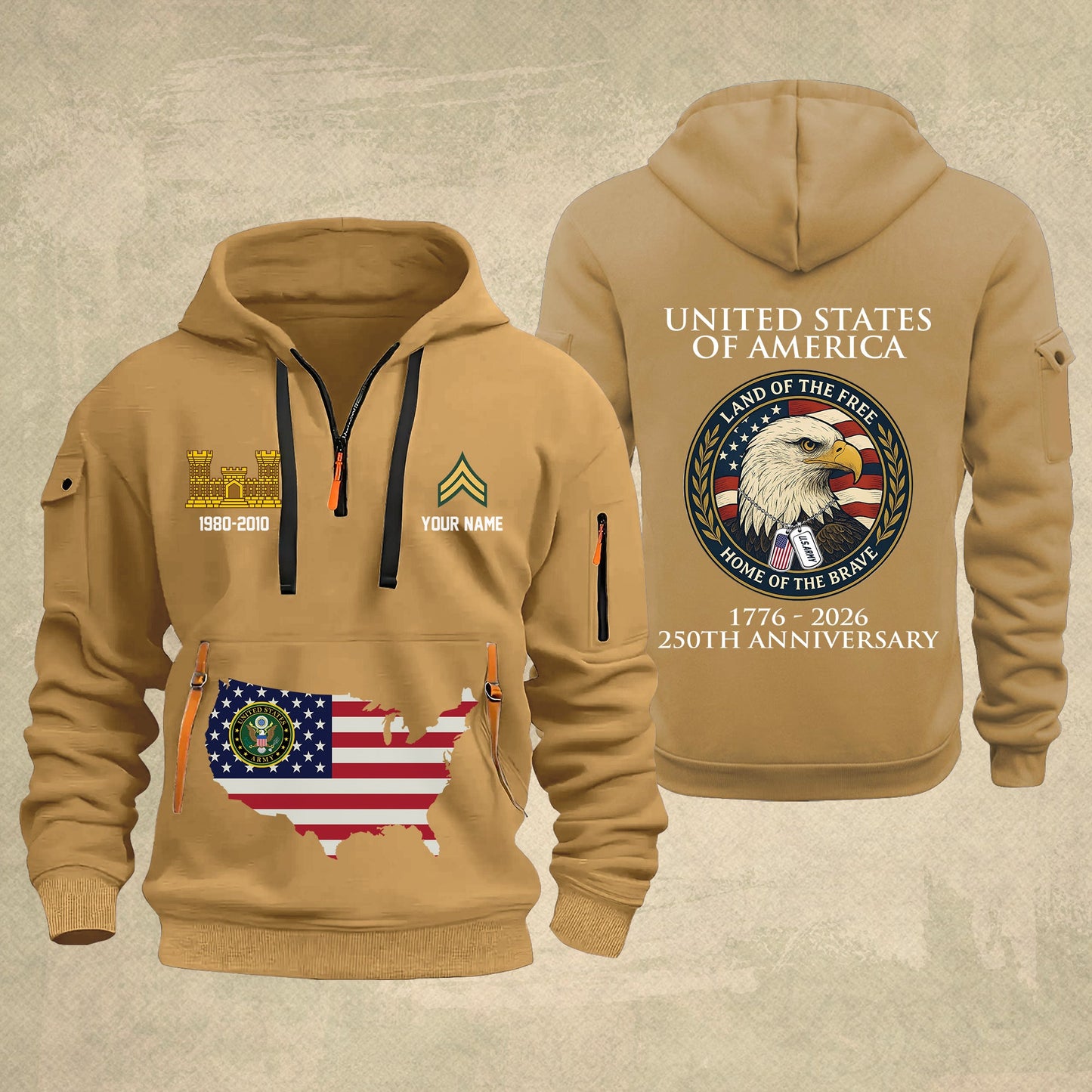 Army Branch - Personalized 250th America Anniversary Zip Hoodie Multicolor, Land Of The Free Home Of The Brave Zip Hoodie, Custom Military Branch Hoodie - 17691264