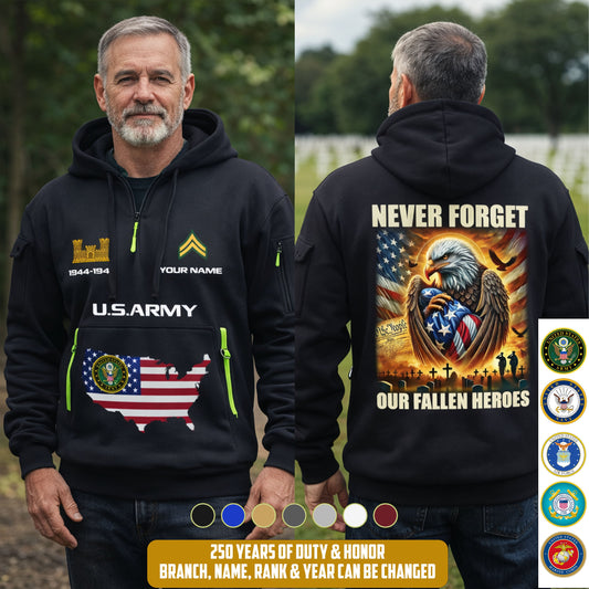 Army Branch - Never Forget Our Fallen Heroes 250th USA – Personalized Zip Hoodie Multicolor, 4th of July Zip Hoodie Multicolor, Custom Military Zip Hoodie Multicolor - 17692128