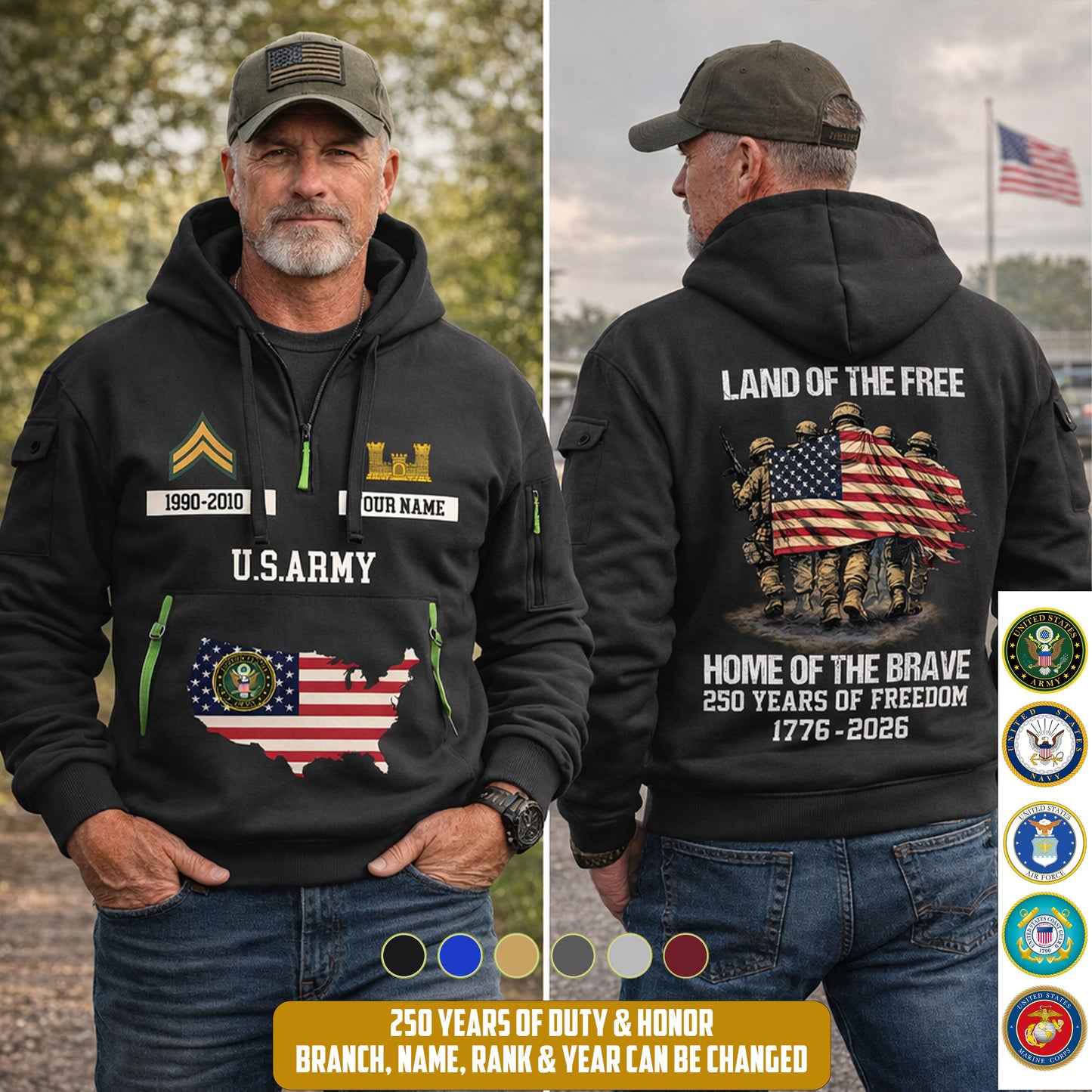 Army Branch - Land Of The Free Home Of The Brave – Personalized Zip Hoodie Multicolor, Custom Rank Unit Military Branch Zip Hoodie Multicolor, 250th USA, 4th of July - 17700768