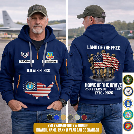 Air Force Command - Land Of The Free Home Of The Brave – Personalized Zip Hoodie Multicolor, Custom Rank Unit Military Branch Zip Hoodie Multicolor, 250th USA, 4th of July - 17700768