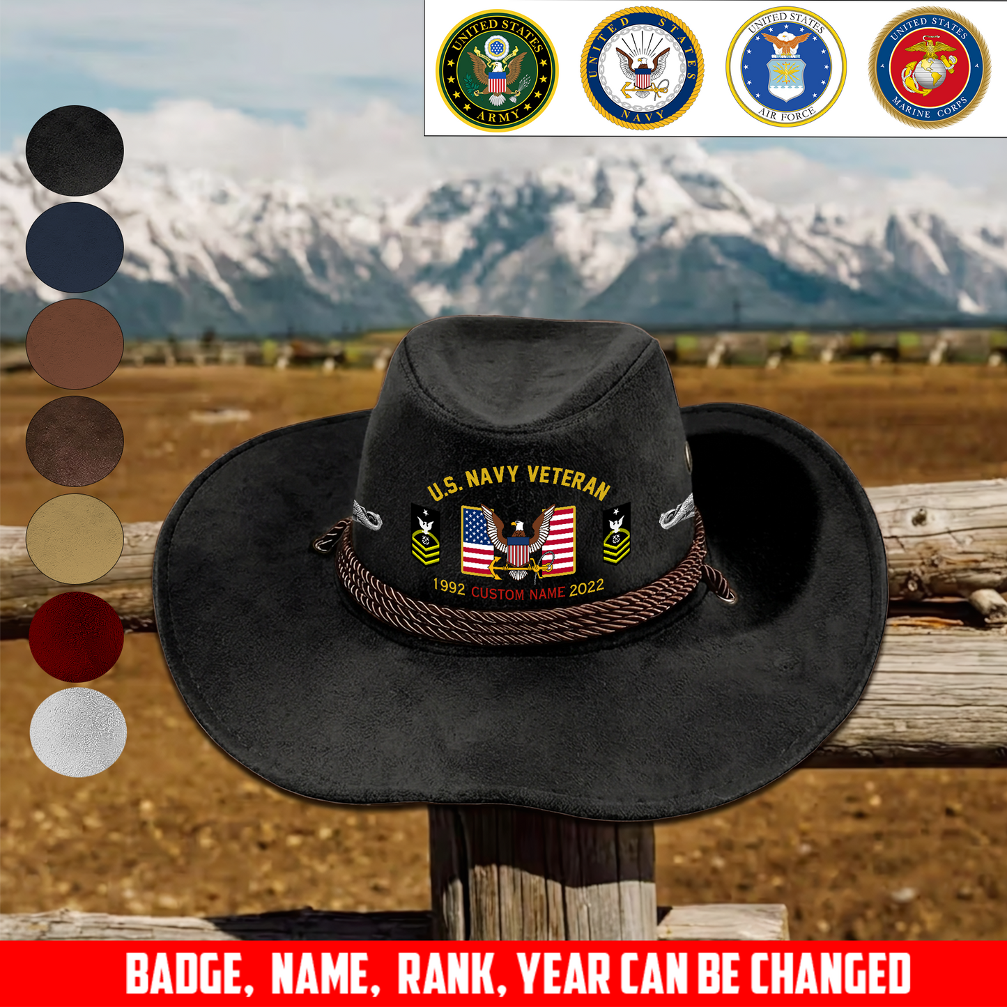 Navy Badge - Personalized US Soldier/ Veteran With Rank, Name and Year Cowboy Hat - 1775606402