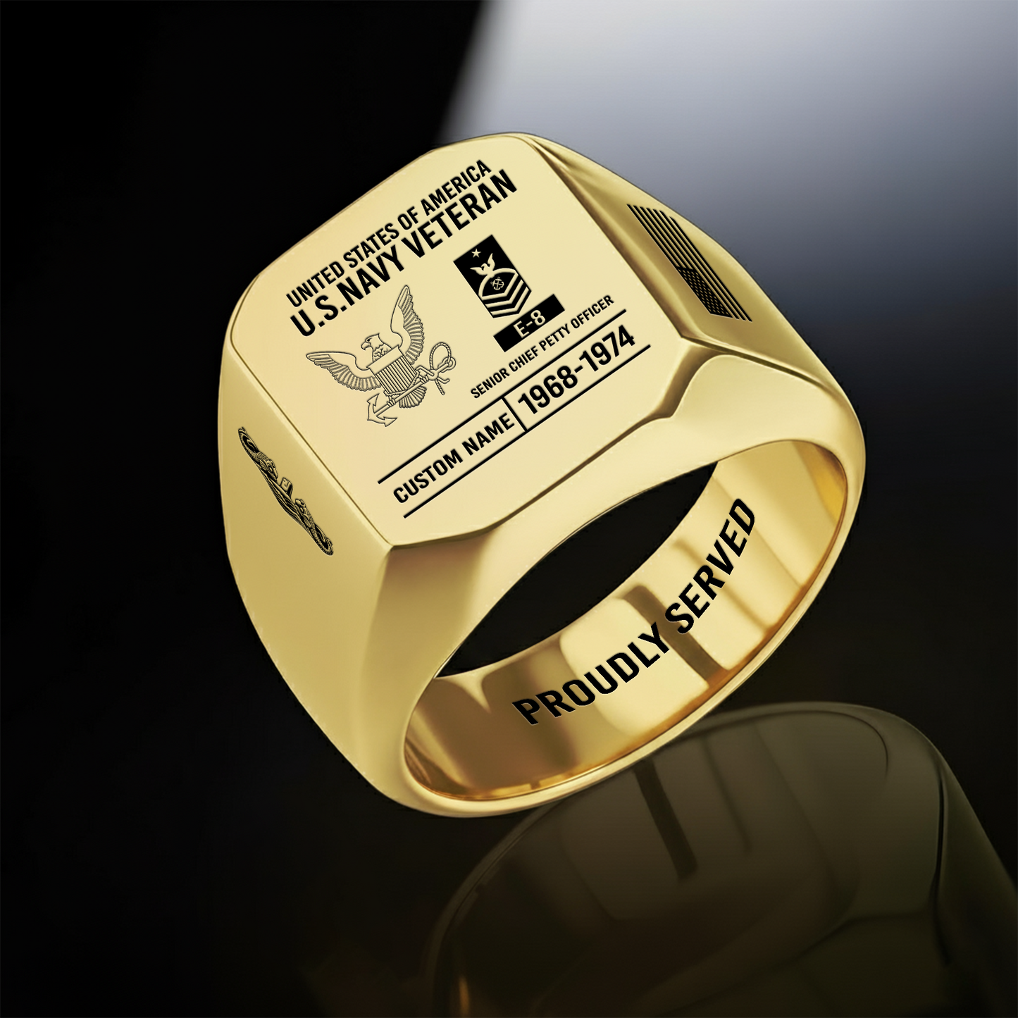 Navy Badge - Personalized US Soldier/Veteran with Name and Rank Engraved Men’s Ring - 17756928