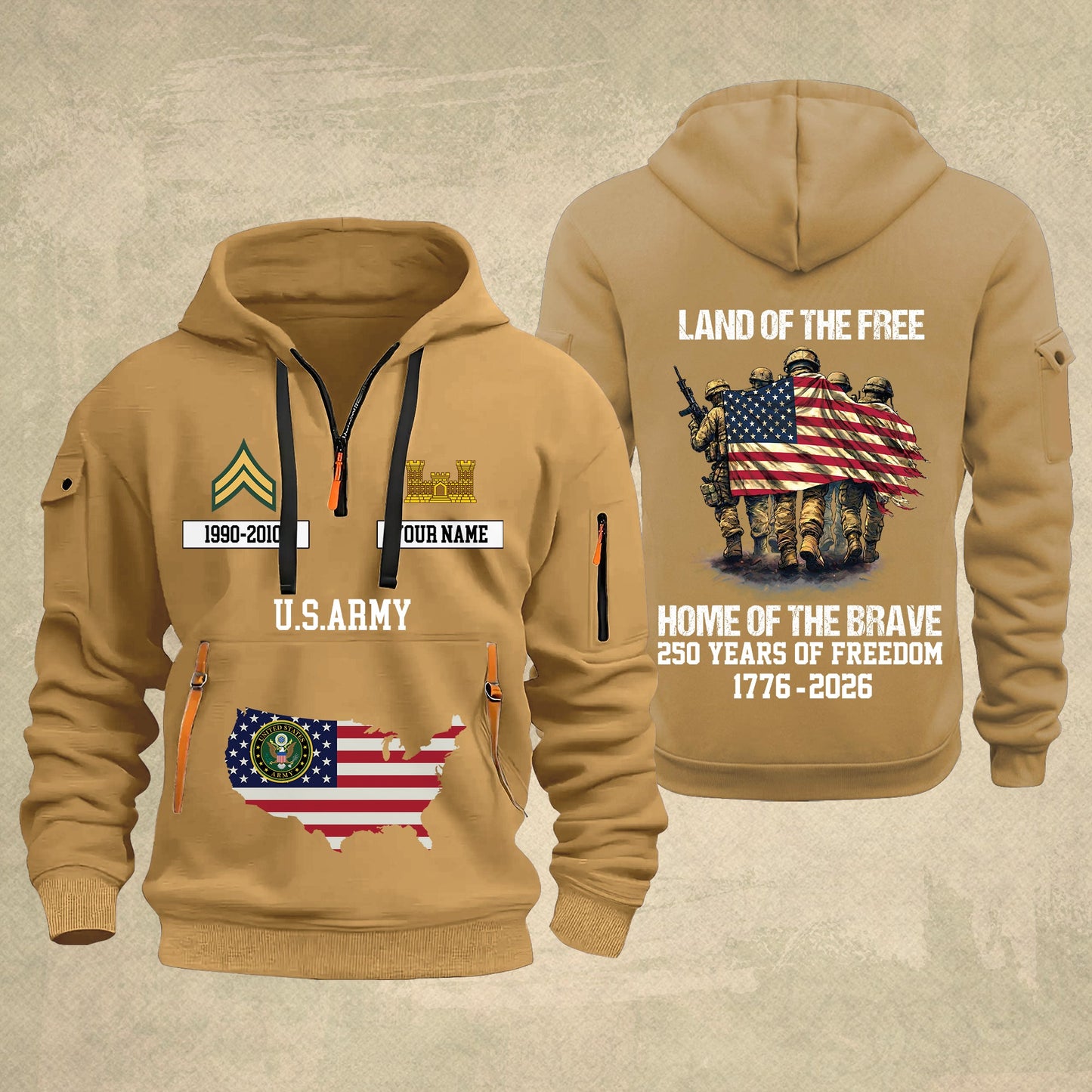 Army Branch - Land Of The Free Home Of The Brave – Personalized Zip Hoodie Multicolor, Custom Rank Unit Military Branch Zip Hoodie Multicolor, 250th USA, 4th of July - 17700768