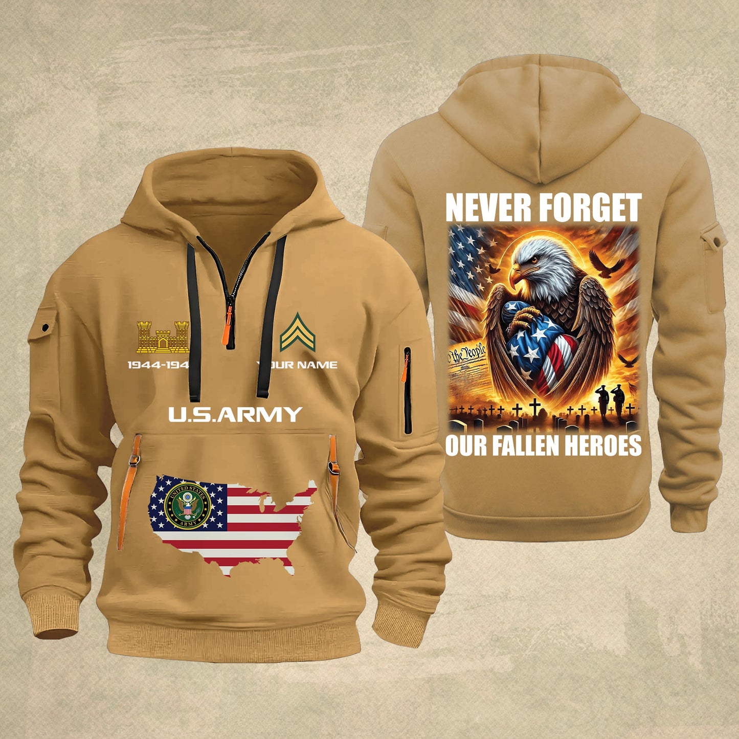 Army Branch - Never Forget Our Fallen Heroes 250th USA – Personalized Zip Hoodie Multicolor, 4th of July Zip Hoodie Multicolor, Custom Military Zip Hoodie Multicolor - 17692128