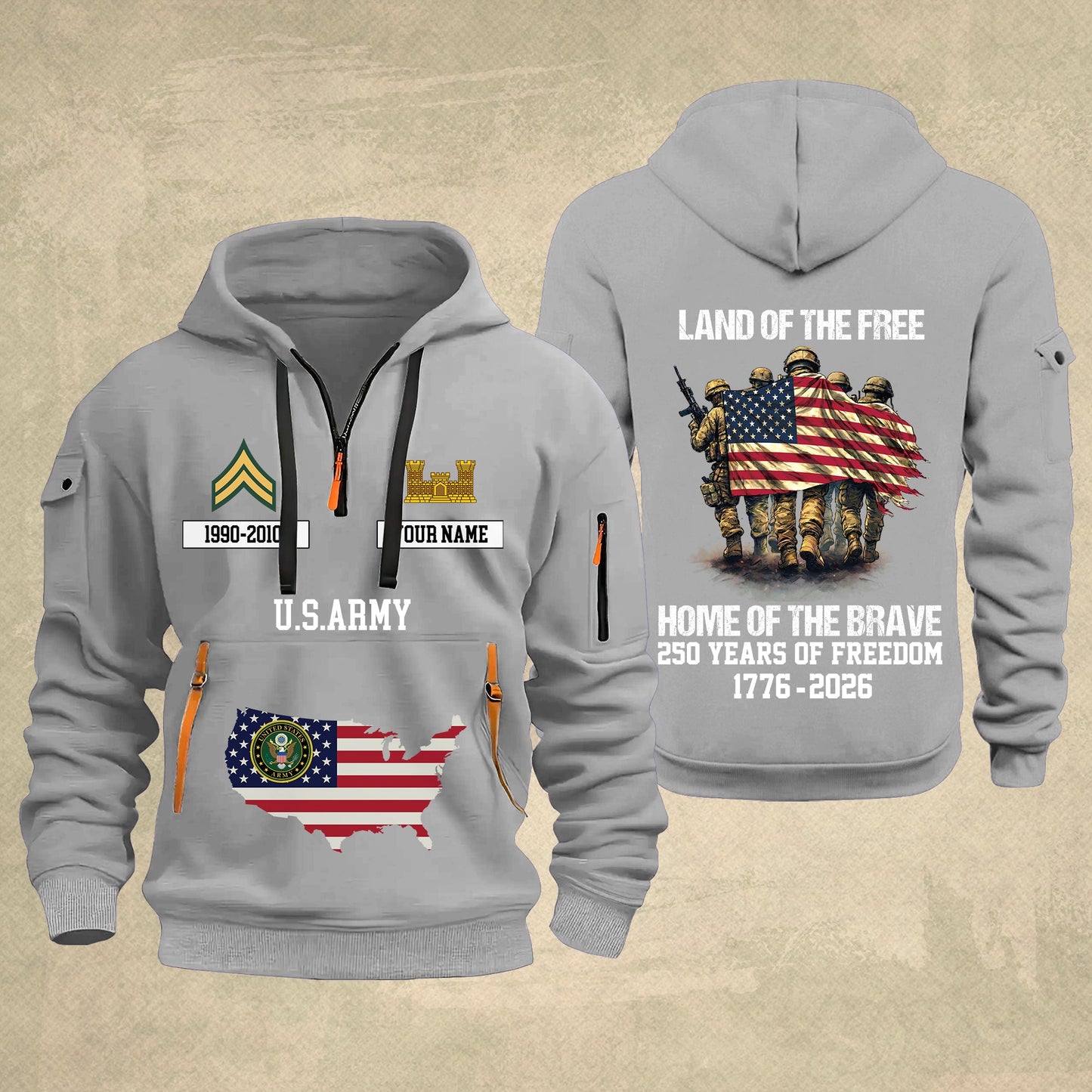 Army Branch - Land Of The Free Home Of The Brave – Personalized Zip Hoodie Multicolor, Custom Rank Unit Military Branch Zip Hoodie Multicolor, 250th USA, 4th of July - 17700768