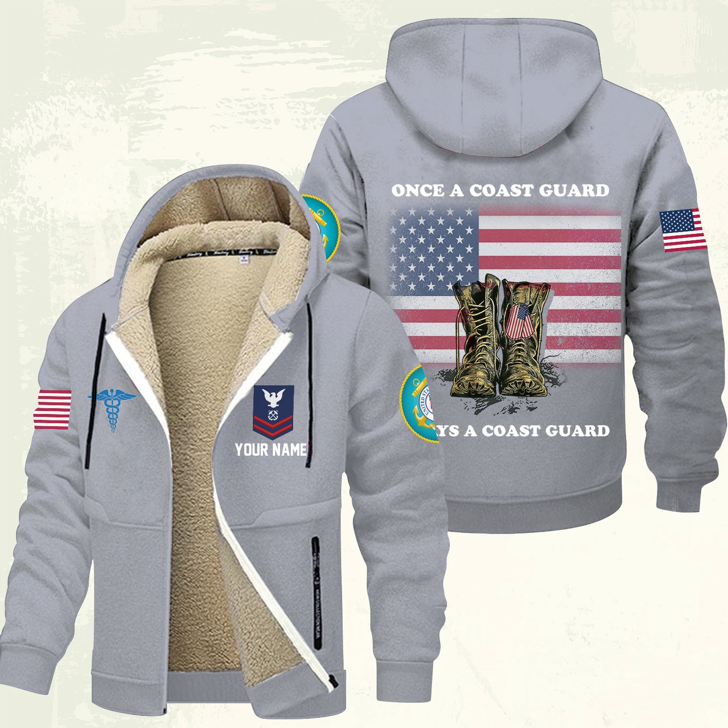 Coast Guard Rating - Personalized US Soldier/ Veteran With Name And Rank Hoodie Zip Velvet Coat - 17362944