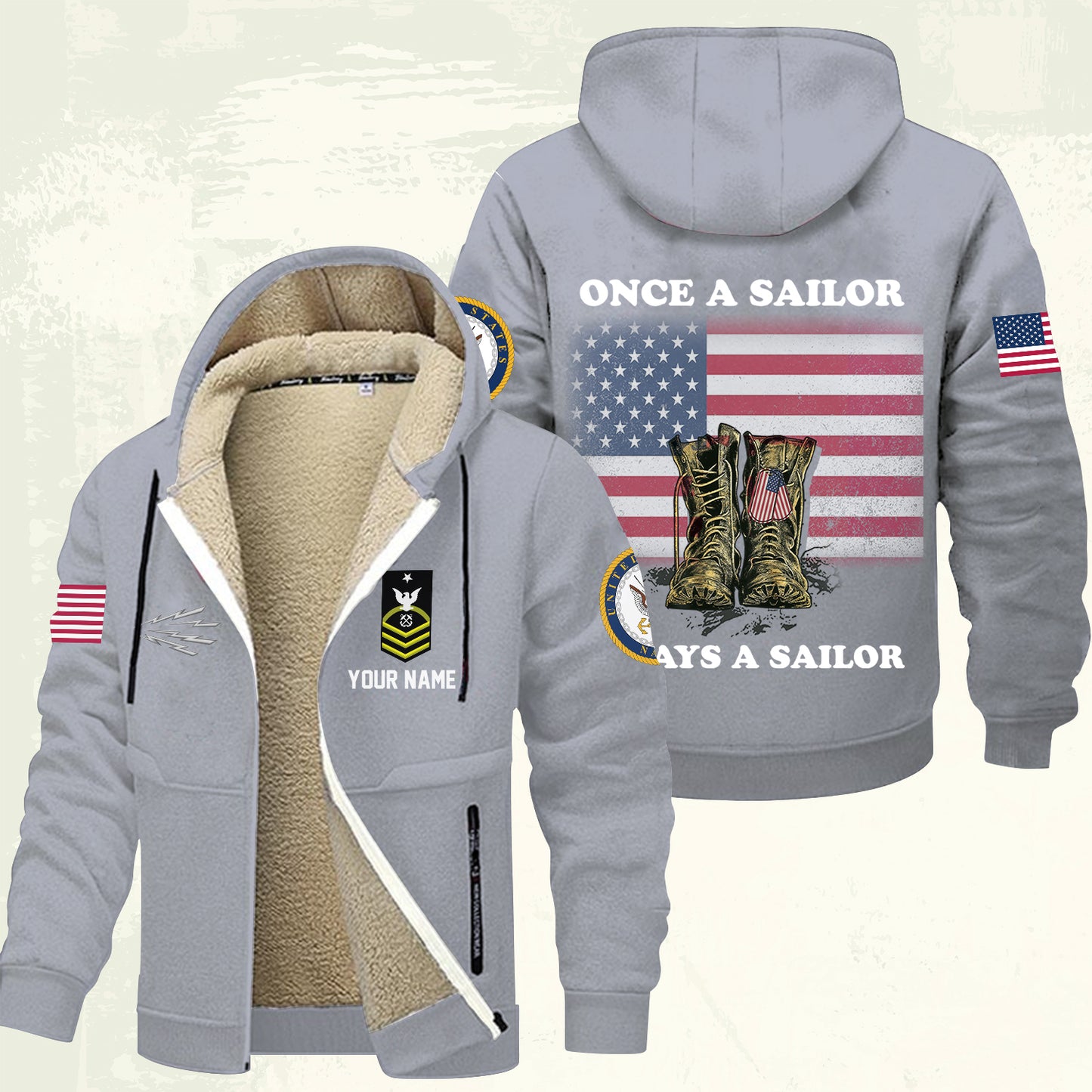 Navy Rating - Personalized US Soldier/ Veteran With Name And Rank Hoodie Zip Velvet Coat - 17362944