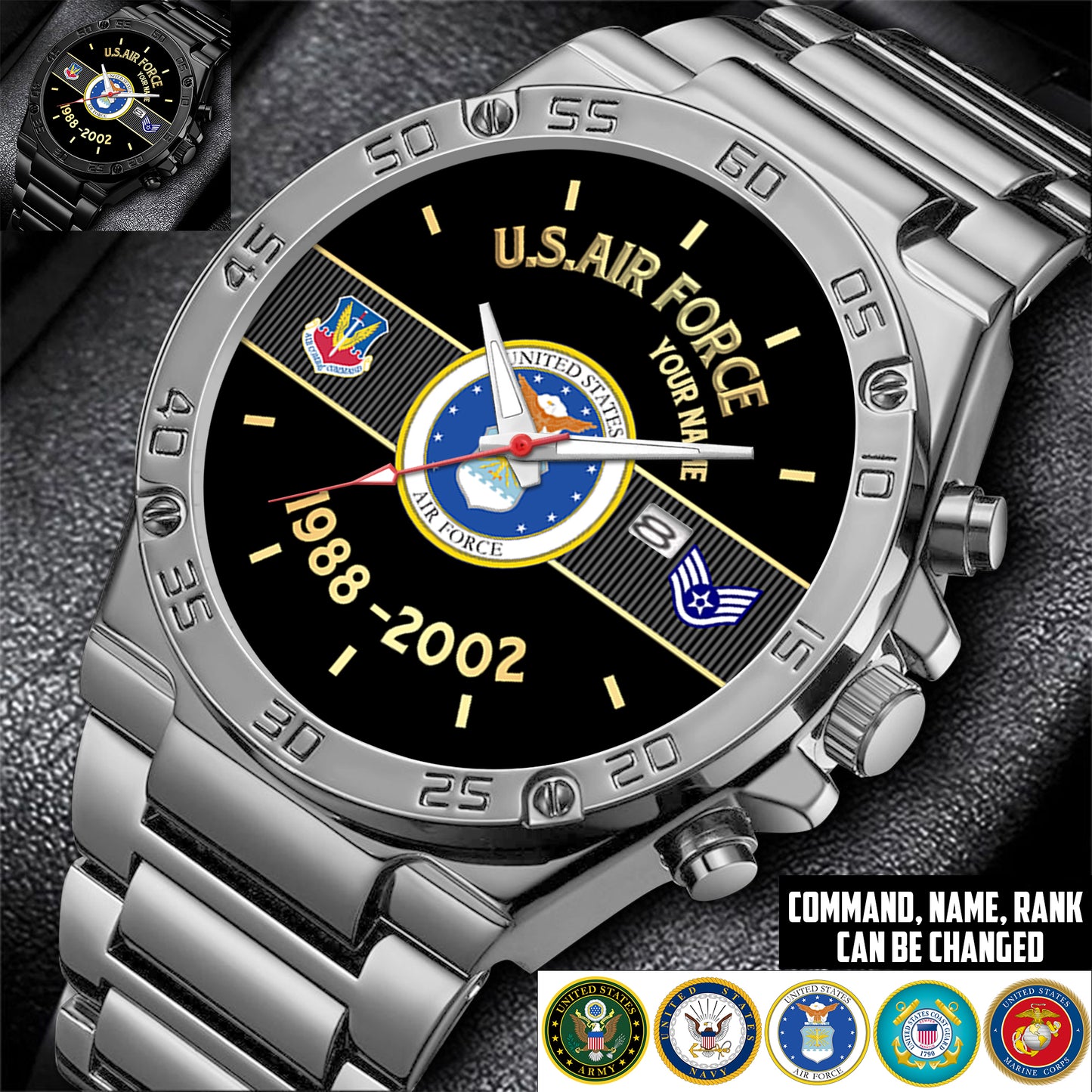 Air Force Command - Personalized US Soldier/ Veteran With Name And Rank Gentleman Stainless Steel Watch - 17388000