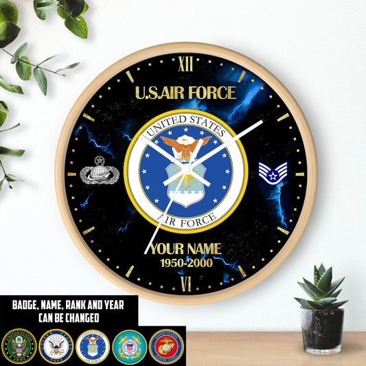 Air Force Badge - Personalized US Soldier/ Veteran With Name, Rank And Year Wooden Clock - 17399232