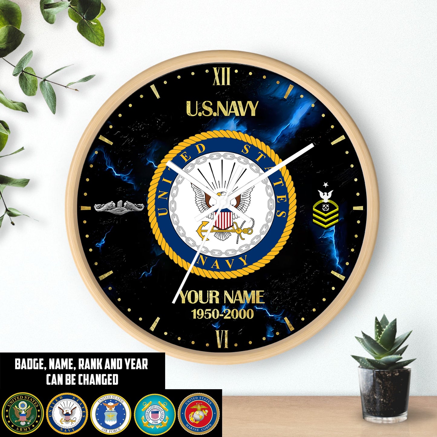 Navy Badge - Personalized US Soldier/ Veteran With Name, Rank And Year Wooden Clock - 17399232