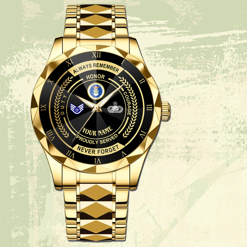 Air Force Badge- Personalized US Soldier/ Veteran Rank And Name Gentleman Crystal Metal Watch - 17447616