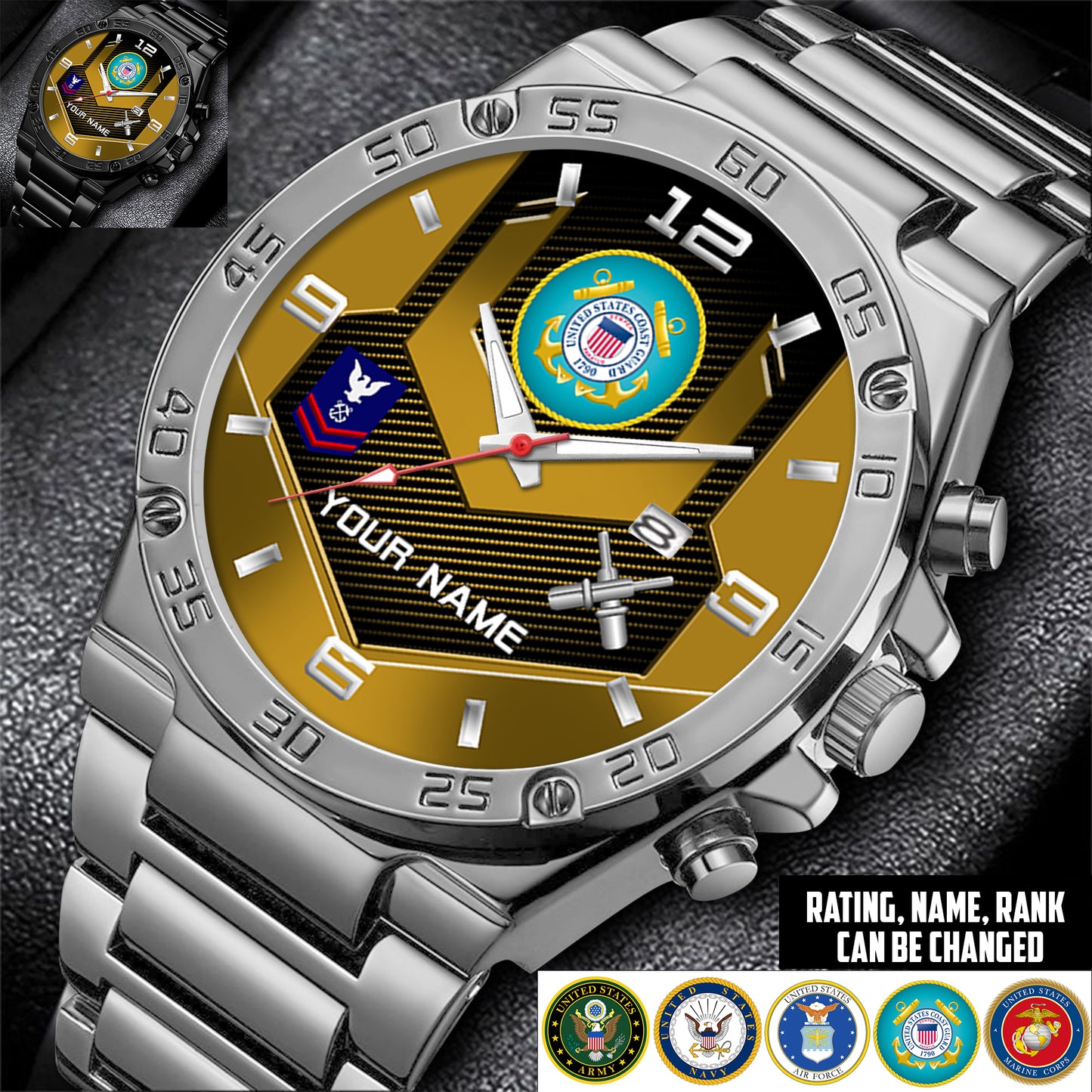 Coast Guard Rating - Personalized US Soldier/ Veteran With Name And Rank Gentleman Stainless Steel Watch - 17491680