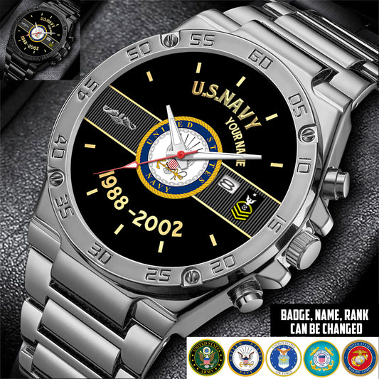 Navy Badge - Personalized US Soldier/ Veteran With Name And Rank Gentleman Stainless Steel Watch - 17388000