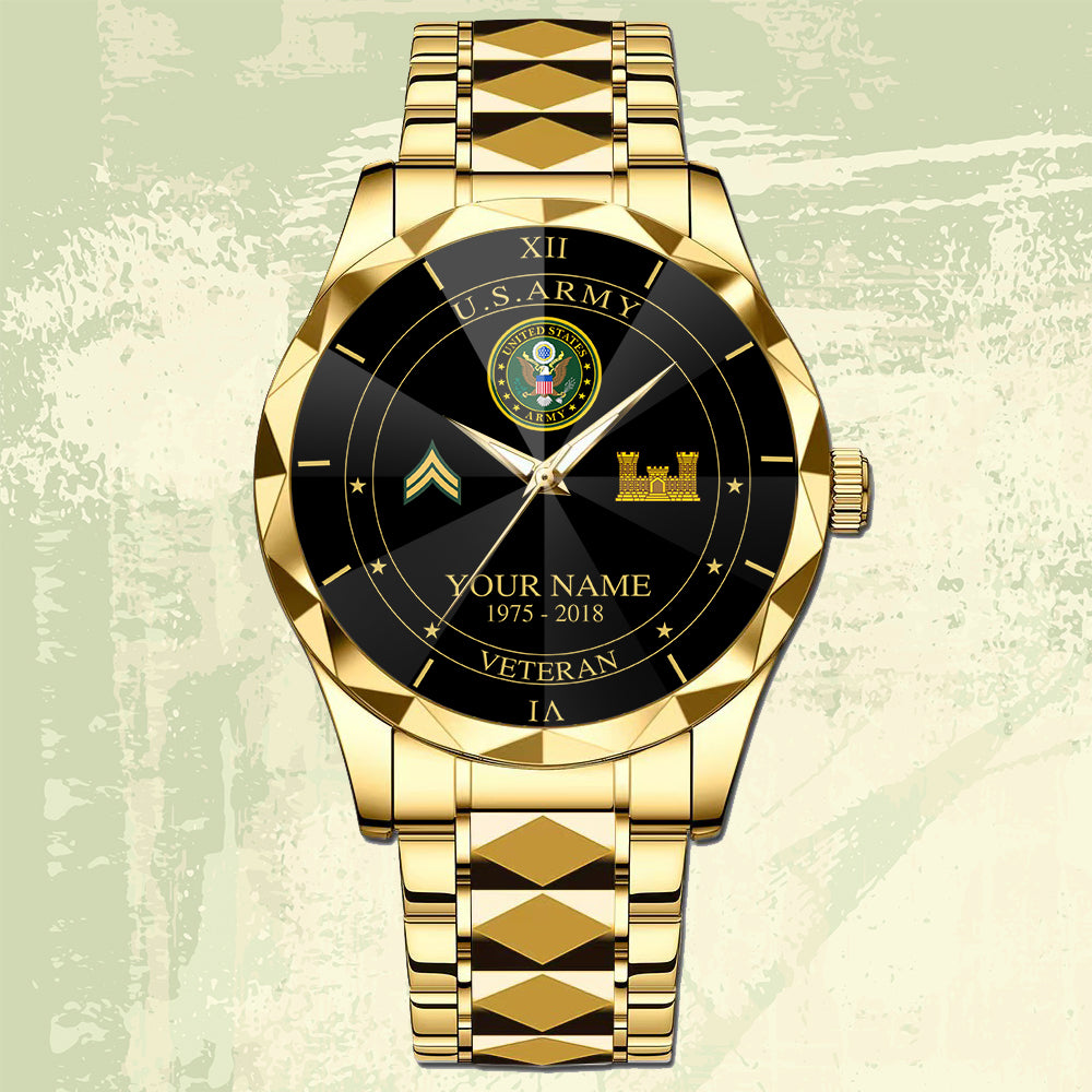 Army Branch - Personalized US Soldier/ Veteran Rank And Name Gentleman Crystal Metal Watch - 17448480