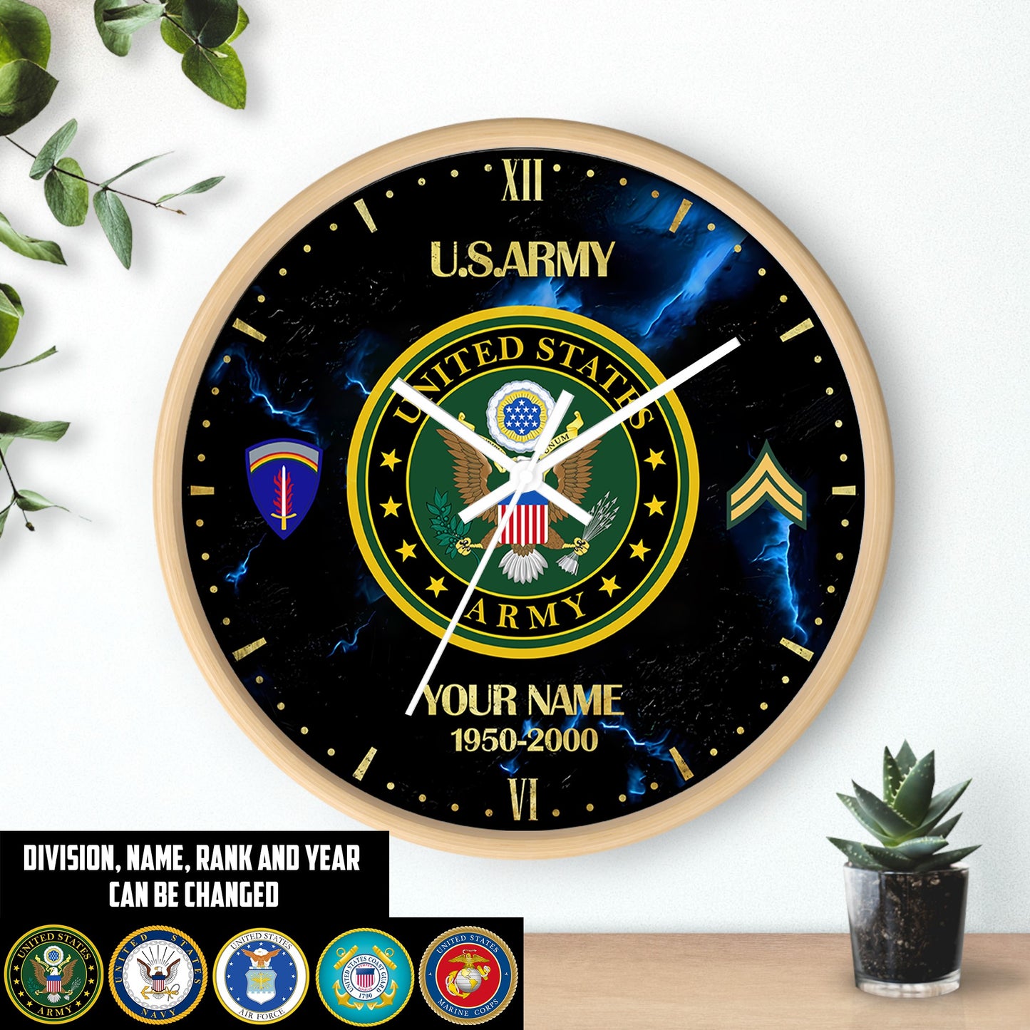 Army Division  - Personalized US Soldier/ Veteran With Name, Rank And Year Wooden Clock - 17399232