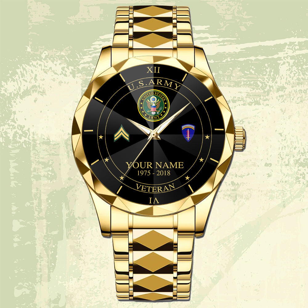 Army Division - Personalized US Soldier/ Veteran Rank And Name Gentleman Crystal Metal Watch - 17448480