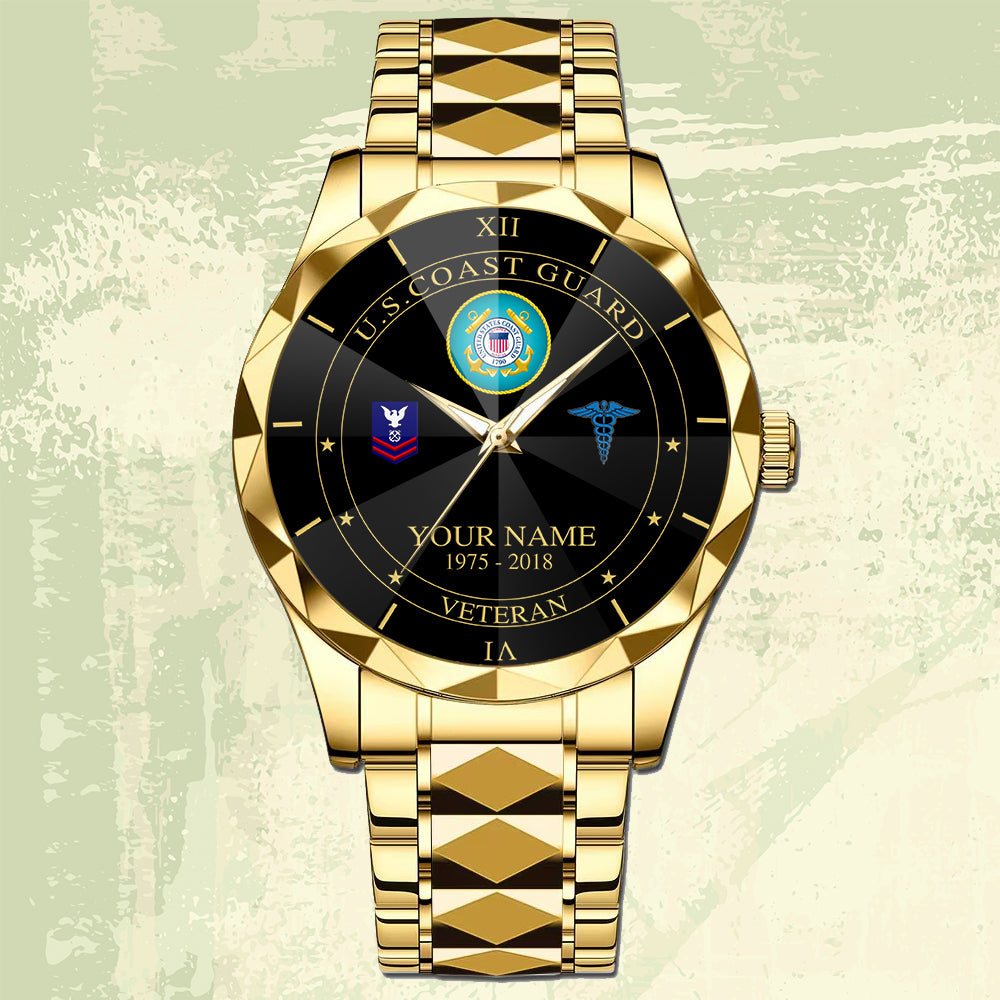 Coast Guard Rating - Personalized US Soldier/ Veteran Rank And Name Gentleman Crystal Metal Watch - 17448480
