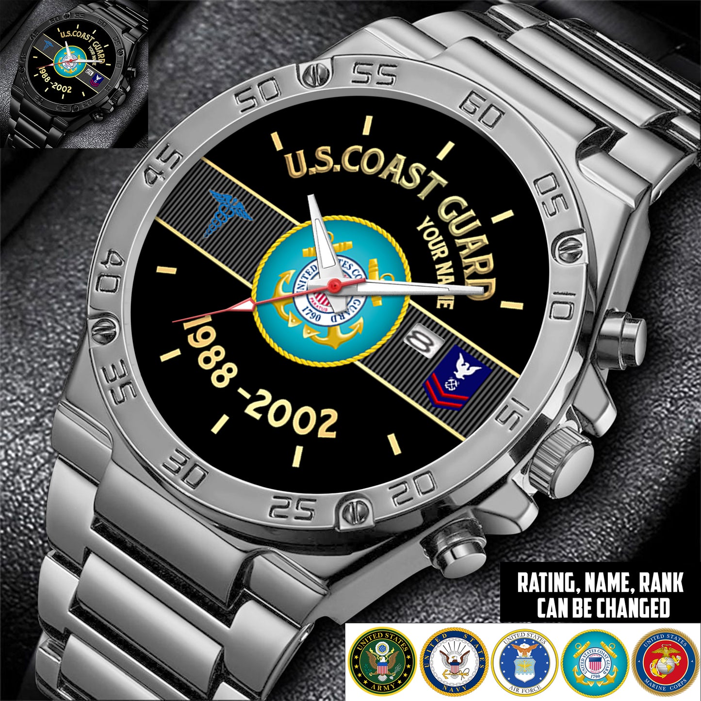 Coast Guard Rating - Personalized US Soldier/ Veteran With Name And Rank Gentleman Stainless Steel Watch - 17388000