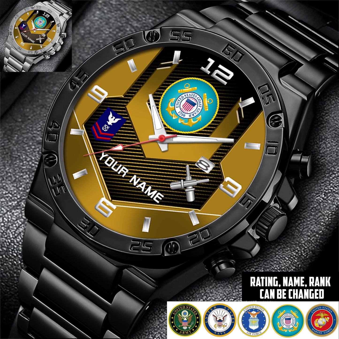 Coast Guard Rating - Personalized US Soldier/ Veteran With Name And Rank Gentleman Stainless Steel Watch - 17491680