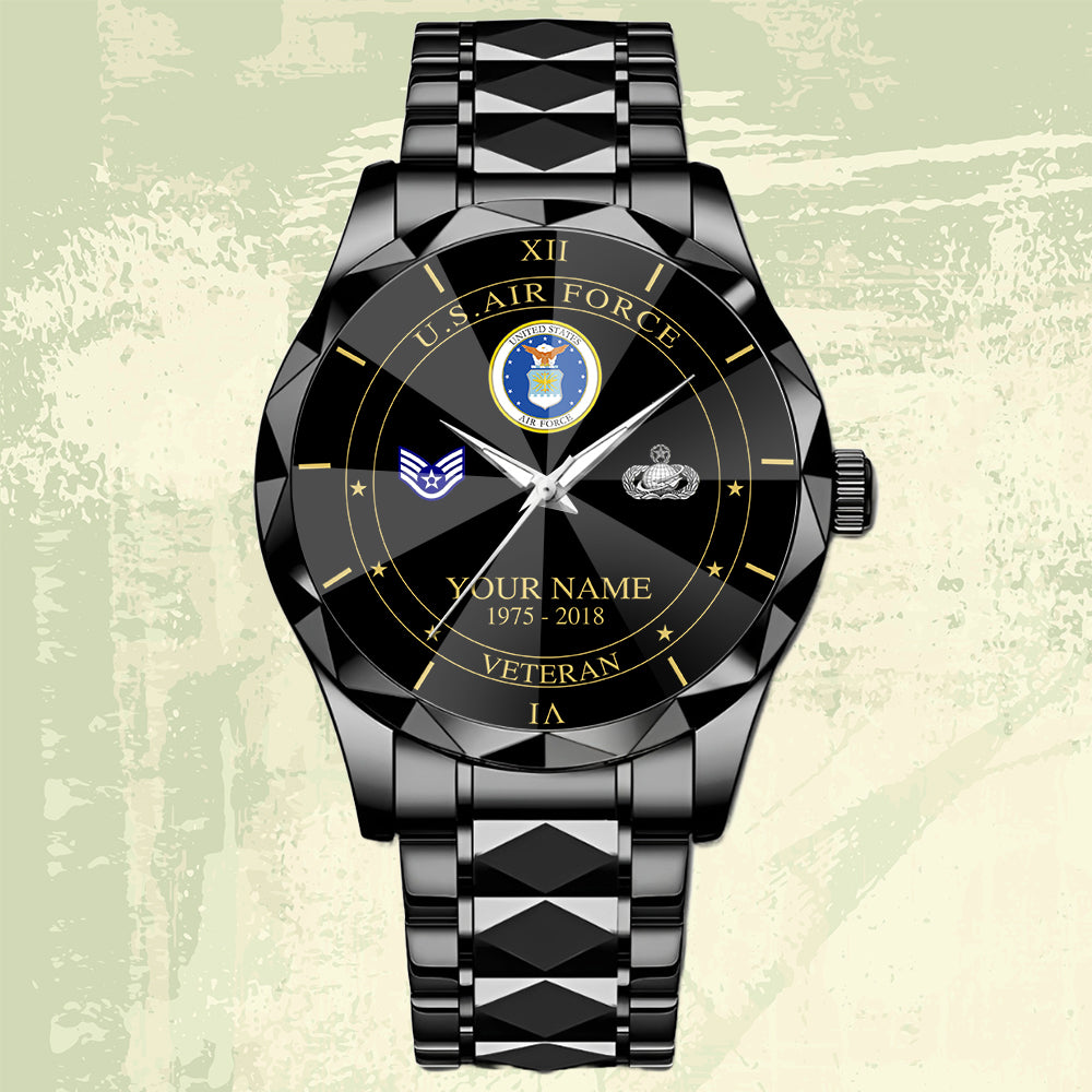 Air Force Badge - Personalized US Soldier/ Veteran Rank And Name Gentleman Crystal Metal Watch - 17448480