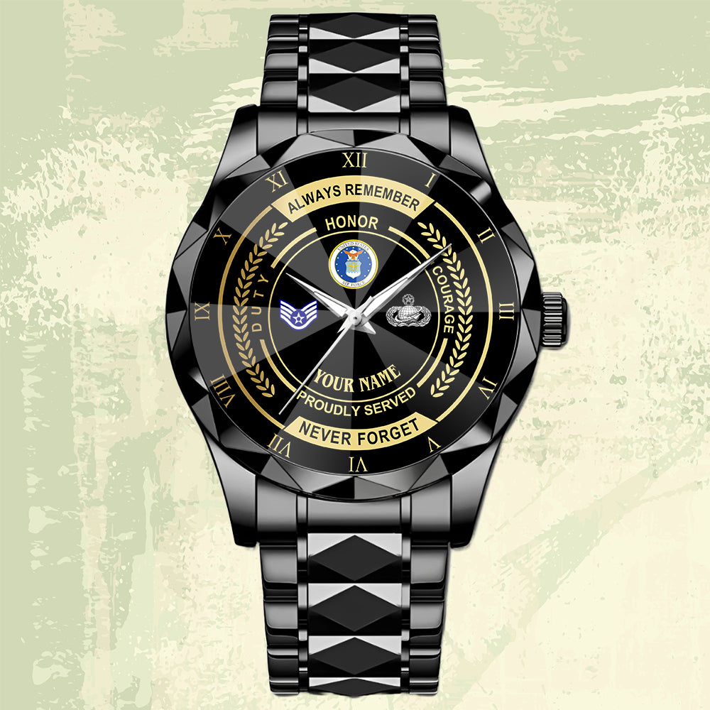 Air Force Badge- Personalized US Soldier/ Veteran Rank And Name Gentleman Crystal Metal Watch - 17447616