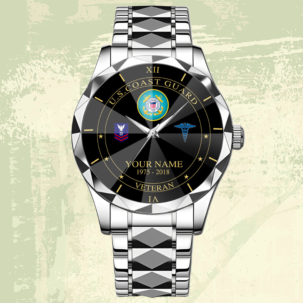 Coast Guard Rating - Personalized US Soldier/ Veteran Rank And Name Gentleman Crystal Metal Watch - 17448480