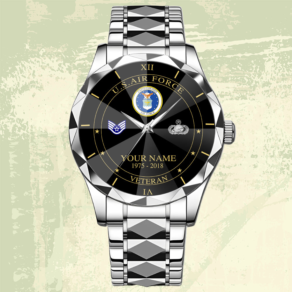 Air Force Badge - Personalized US Soldier/ Veteran Rank And Name Gentleman Crystal Metal Watch - 17448480
