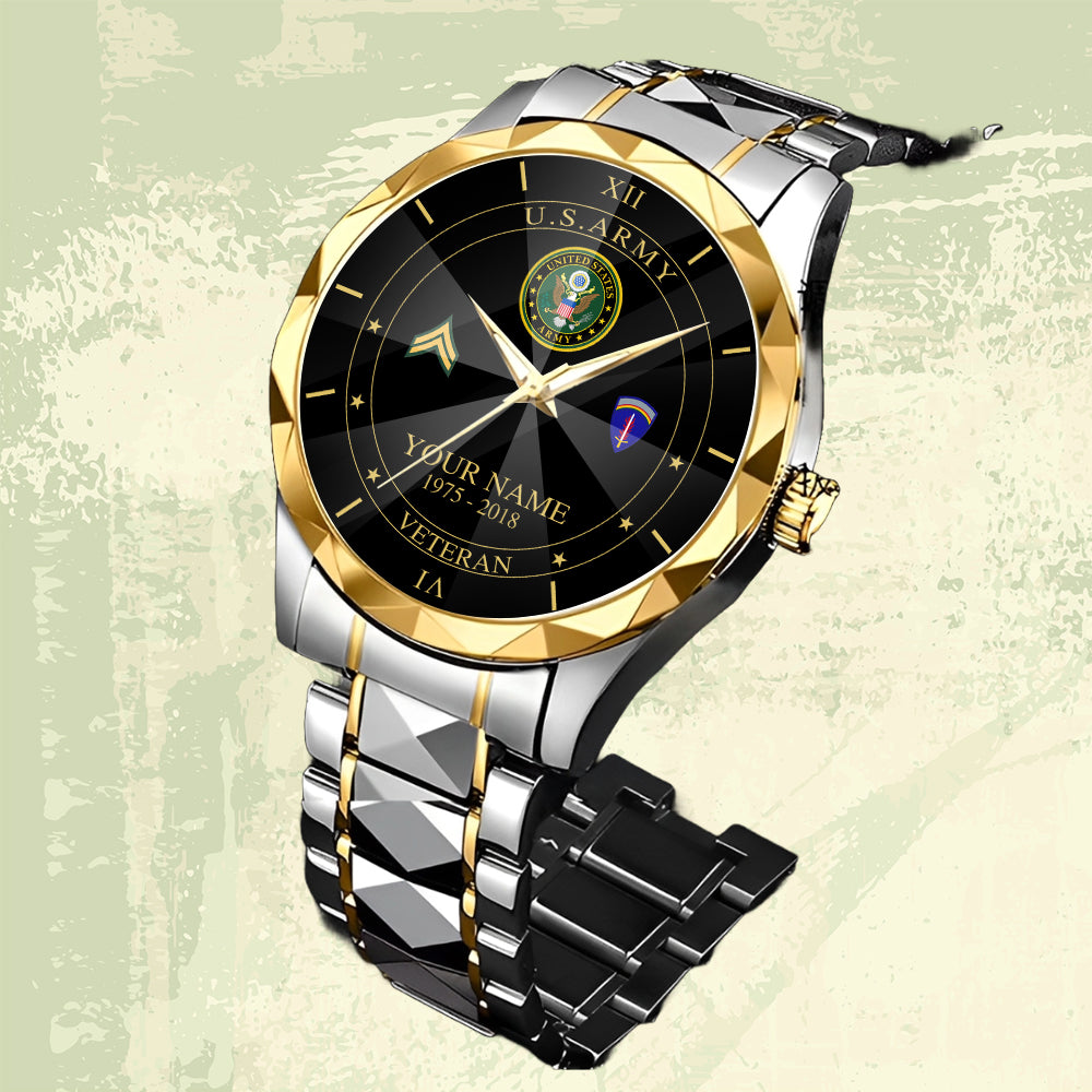 Army Division - Personalized US Soldier/ Veteran Rank And Name Gentleman Crystal Metal Watch - 17448480