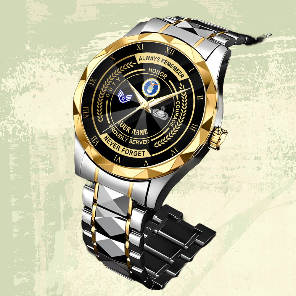 Air Force Badge- Personalized US Soldier/ Veteran Rank And Name Gentleman Crystal Metal Watch - 17447616