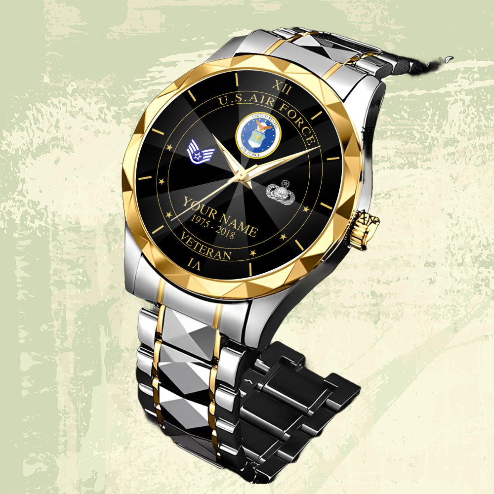 Air Force Badge - Personalized US Soldier/ Veteran Rank And Name Gentleman Crystal Metal Watch - 17448480