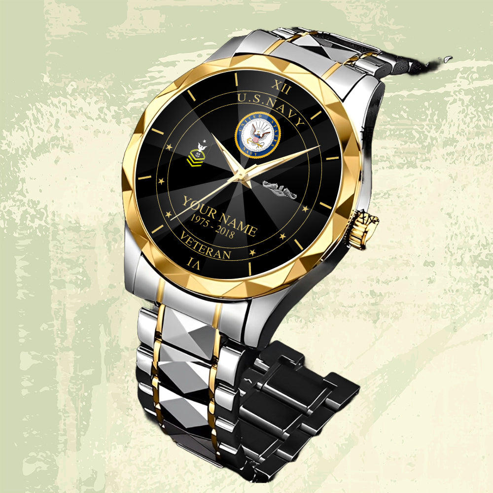 Navy Badge - Personalized US Soldier/ Veteran Rank And Name Gentleman Crystal Metal Watch - 17448480