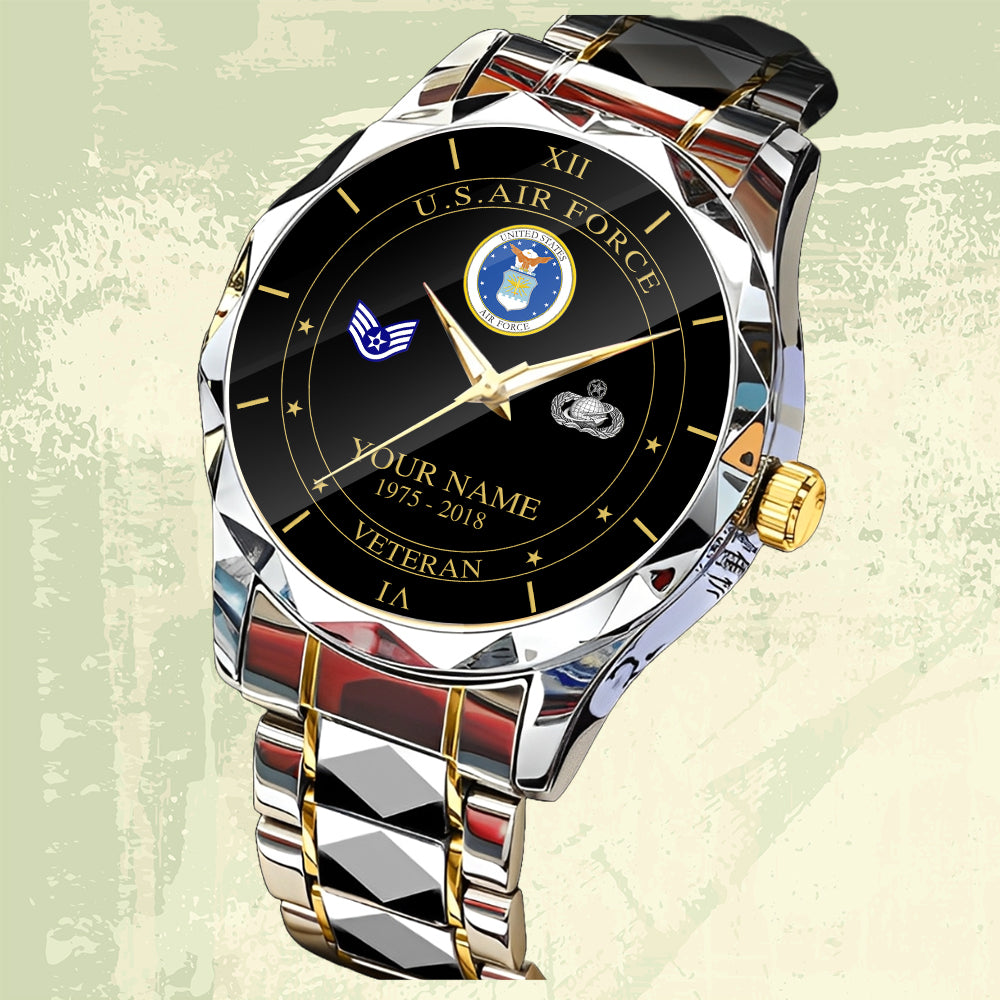 Air Force Badge - Personalized US Soldier/ Veteran Rank And Name Gentleman Crystal Metal Watch - 17448480