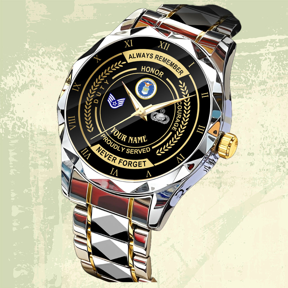 Air Force Badge- Personalized US Soldier/ Veteran Rank And Name Gentleman Crystal Metal Watch - 17447616