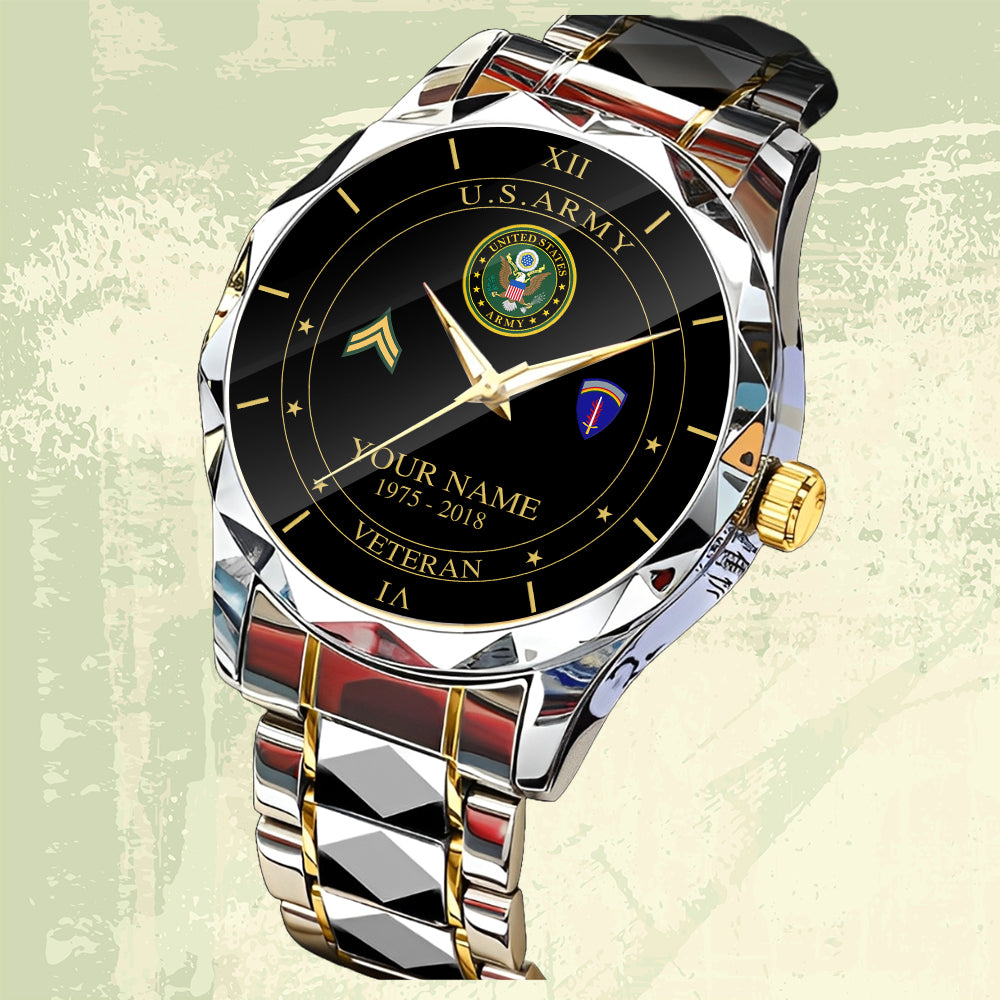 Army Division - Personalized US Soldier/ Veteran Rank And Name Gentleman Crystal Metal Watch - 17448480