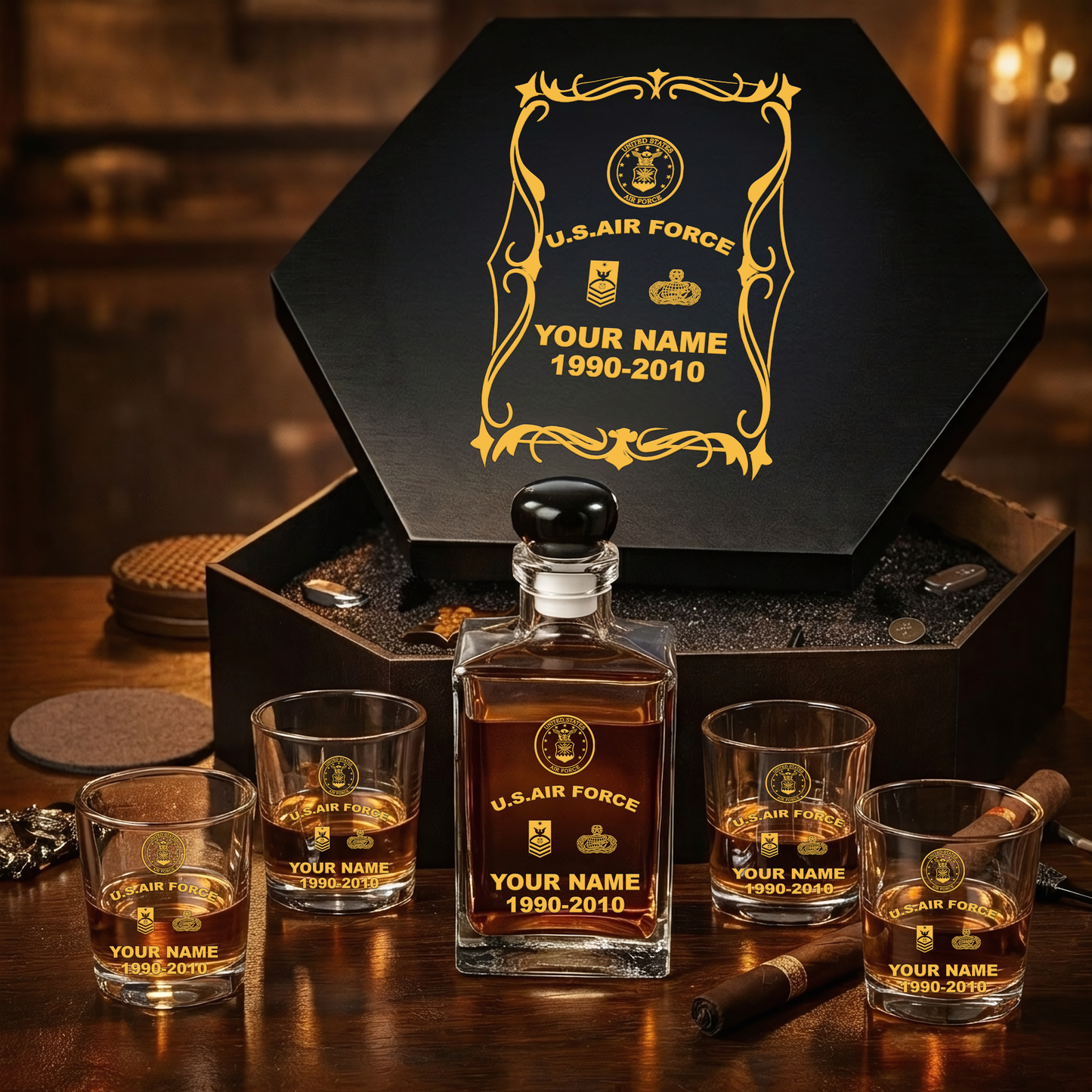 Air Force Badge - Personalized US Soldier/ Veteran Premium Whiskey Decanter Set – Personalized Gift Box - 17750880