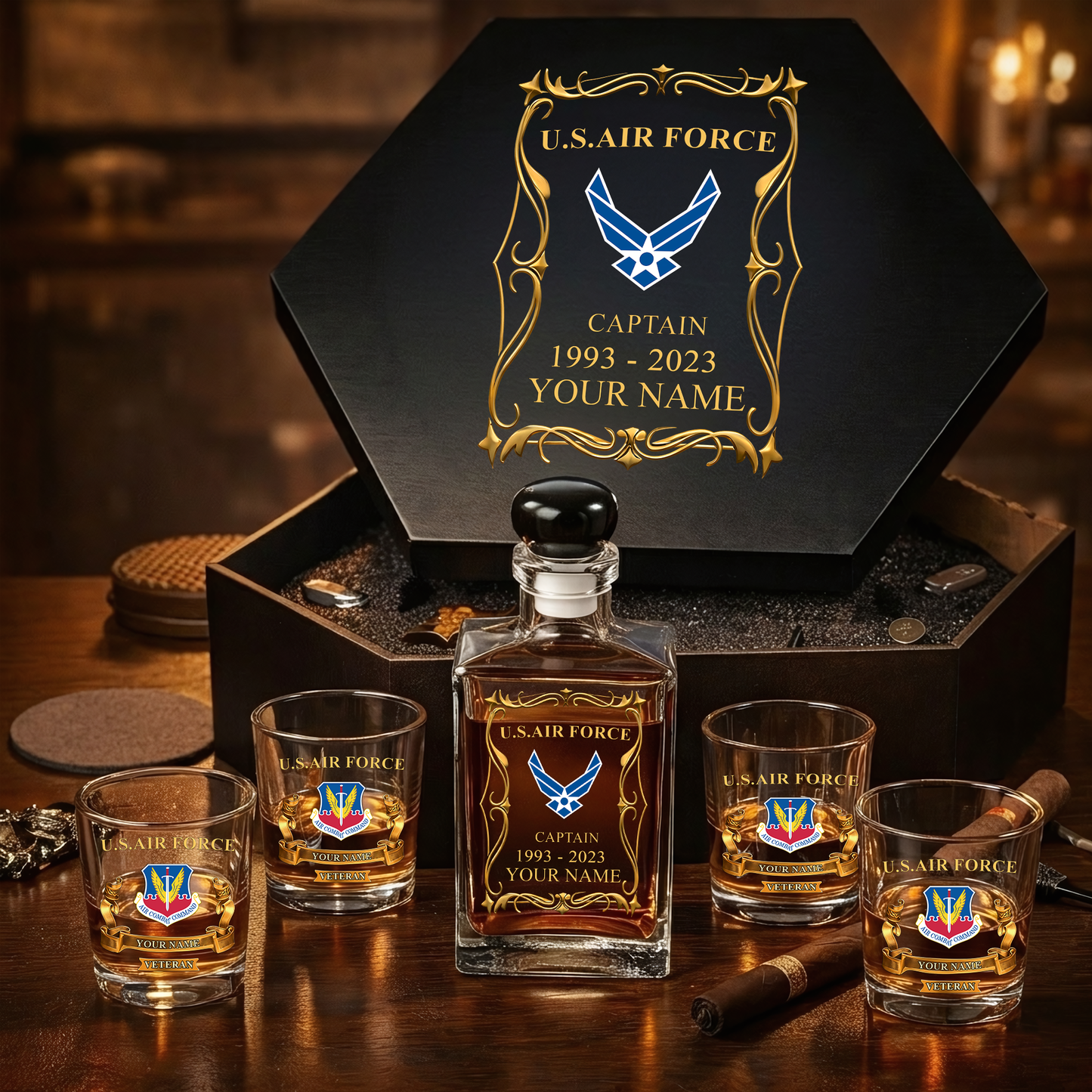 Air Force Command - Personalized US Soldier/ Veteran Premium Whiskey Decanter Set – Personalized Gift Box - 17754084