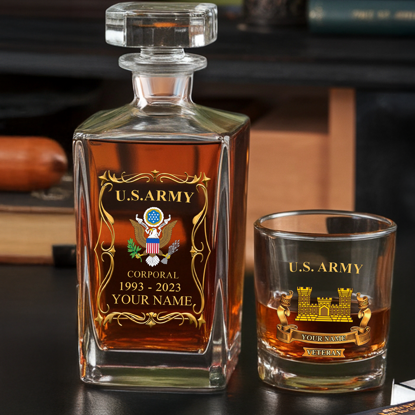 Army Branch - Personalized US Soldier/ Veteran Rank, Year And Name - Whiskey Decanter Set - 17754084