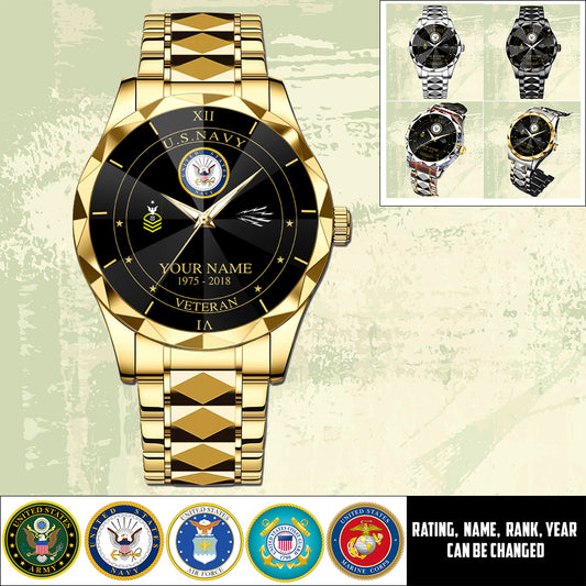 Navy Rating - Personalized US Soldier/ Veteran Rank And Name Gentleman Crystal Metal Watch - 17448480