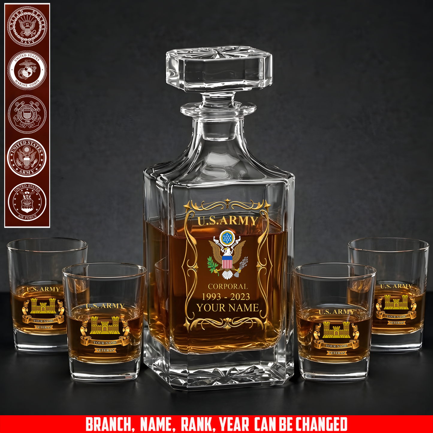 Army Branch - Personalized US Soldier/ Veteran Rank, Year And Name - Whiskey Decanter Set - 17754084