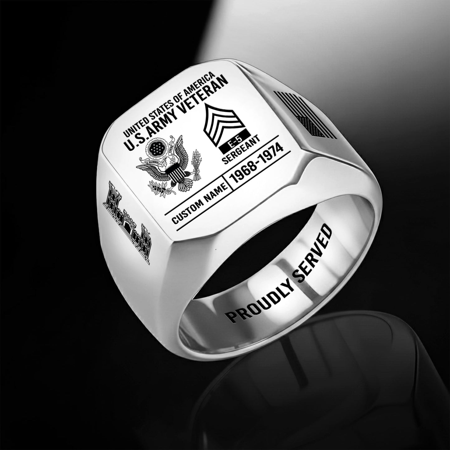 Army Branch - Personalized US Soldier/Veteran with Name and Rank Engraved Men’s Ring - 17756928