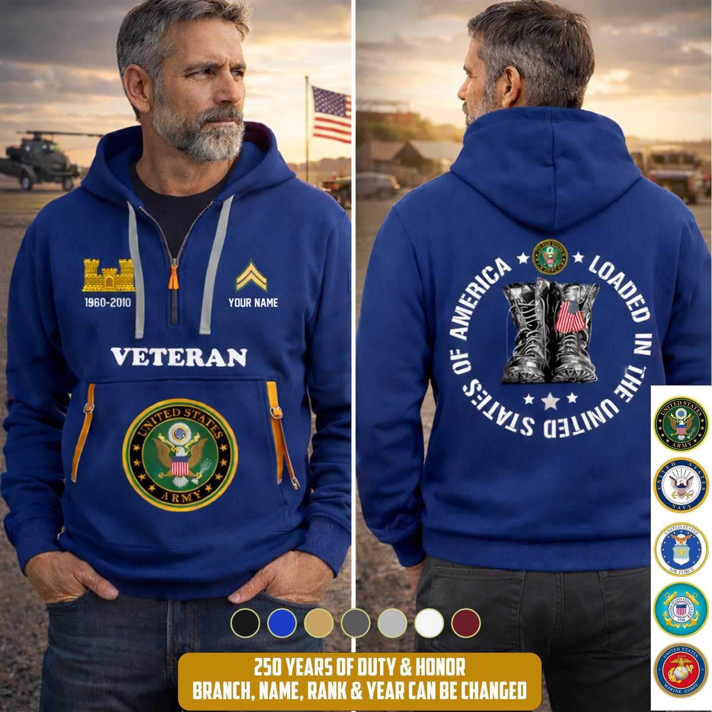 Army Branch - Personalized U.S. Military Zip Hoodie Multicolor With American Flag – Custom Veteran Hoodie – Independence Day Hoodie - 17689536