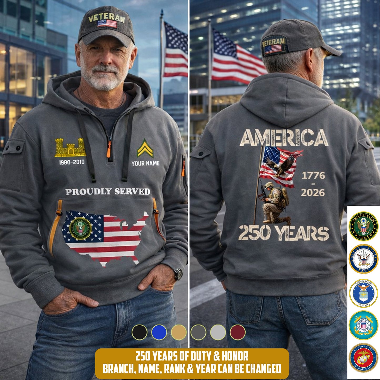 Army Branch - Personalized America 250 Years Zip Hoodie Multicolor, Custom U.S. Soldier Branch Hoodie, Happy Independence Day, 4th Of July Zip Hoodie - 1769040002