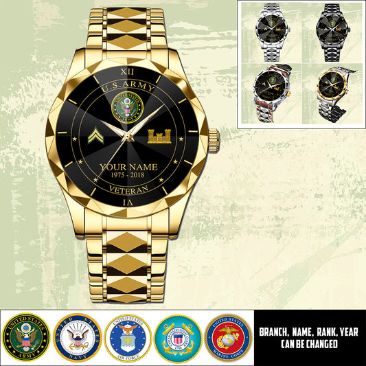 Army Branch - Personalized US Soldier/ Veteran Rank And Name Gentleman Crystal Metal Watch - 17448480